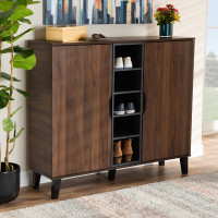 Baxton Studio SESC16105-Columbia-Shoe Cabinet Idina Mid-Century Modern Two-Tone Walnut Brown and Grey Finished Wood 2-Door Shoe Cabinet